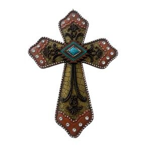 Western Rustic Fleur De Lis Decorative Wall Cross Concho Embellished